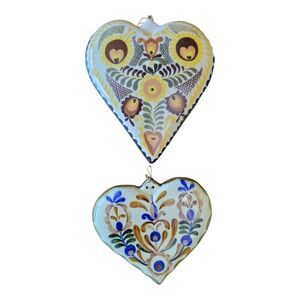 2 UNIQUE Vintage Ceramic Hand Made Folk Art Painted Heart Wall Decor